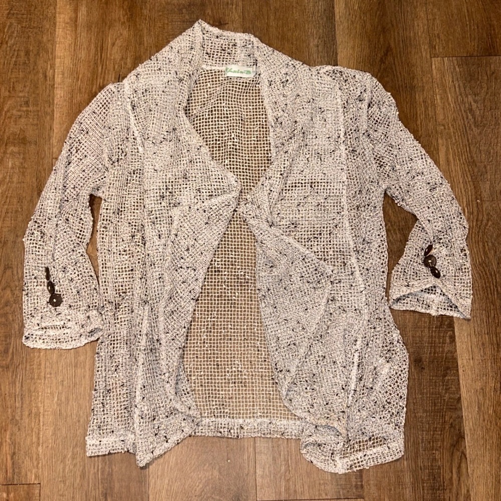 Lulu-B Open Knit Mesh Cardigan White Black Marled Boho Beach Cover Up Medium